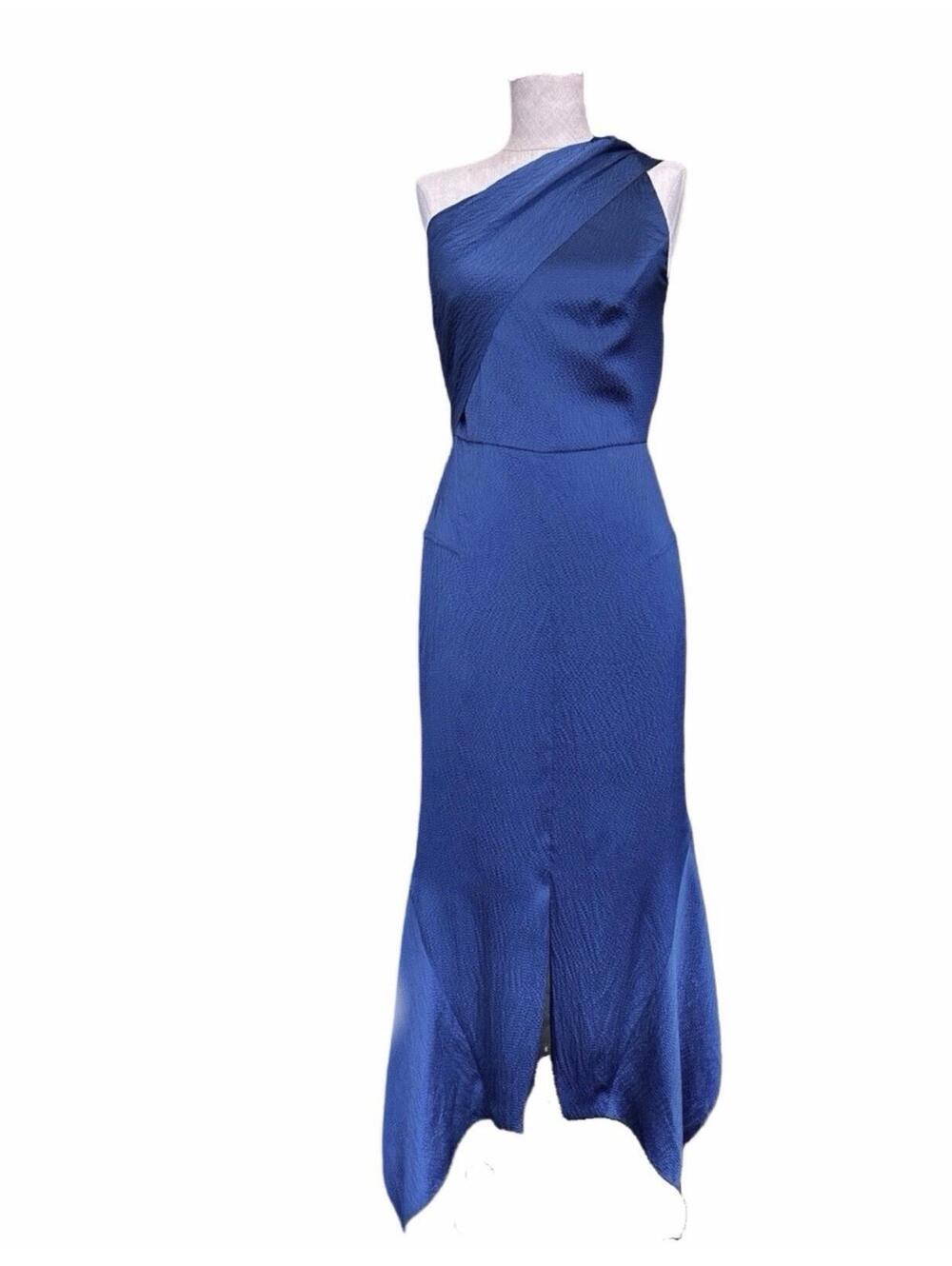 ROLAND MOURET Royal Blue Hammered Silk Asymmetric Shoulder Mermaid Dress 2-4